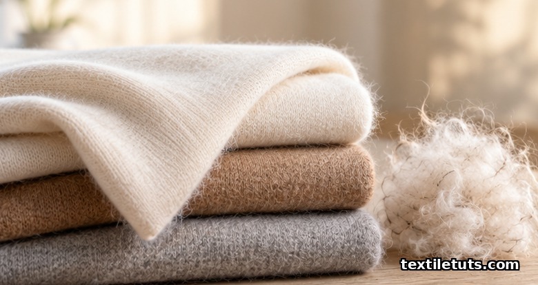 Folded cashmere fabric in ivory, camel and grey beside a tuft of soft raw cashmere down fiber