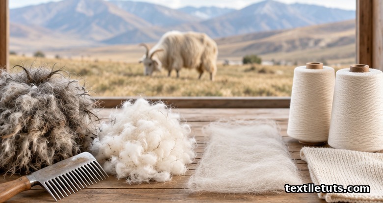 Cashmere processing stages: raw goat fleece with guard hair, de-haired white down, carded web and yarn cones