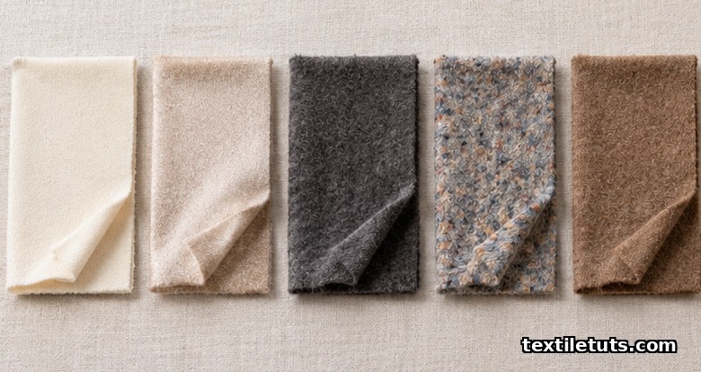 Flat-lay of cashmere fabric swatches: pure knit, silk blend, reversed-pile, recycled and natural brown