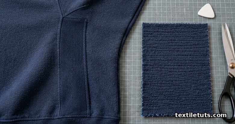 Navy fleece sweatshirt with ribbed side gusset beside a fabric swatch rotated 90 degrees to show horizontal grain