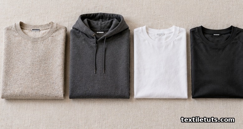 Folded cotton fleece, cotton-poly blend hoodie, cotton jersey tee and polyester athletic top compared side by side