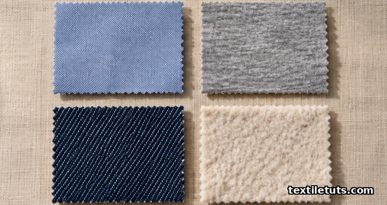 Flat-lay of woven cotton shirting, knit jersey, denim twill, and brushed fleece swatches comparing top sourcing destinations.