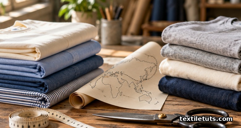 Overhead view of a textile workbench with woven shirting and knit jersey stacks illustrating dual-country sourcing strategy.