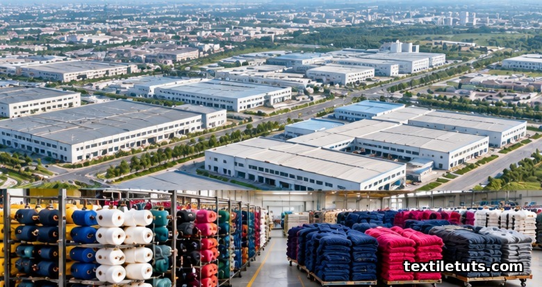 Aerial view of a Chinese textile cluster in Zhejiang with polyester filament cones and dyed knit fabric stacked on carts.