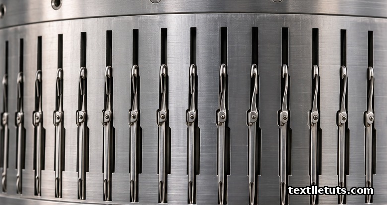 Precision-ground steel cylinder with vertical needle tricks, holding knitting needles around its circumference