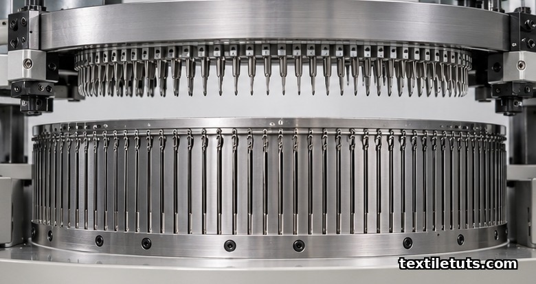 Side view of a double jersey circular knitting machine showing the rotating lower cylinder and the stationary horizontal upper dial with downward-pointing needles.