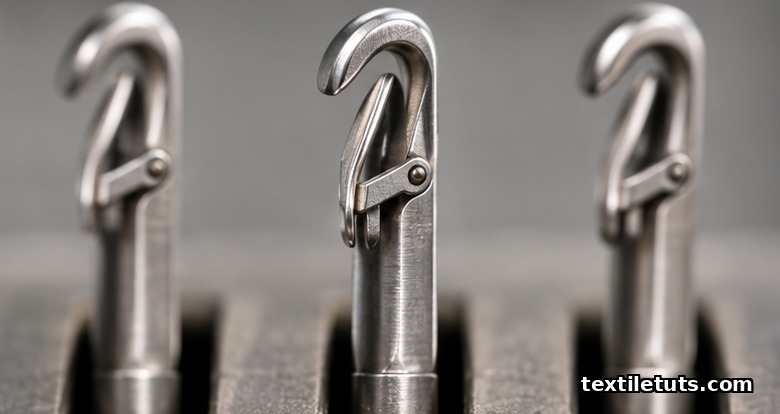 Macro close-up of three latch needles in vertical trick slots, showing curved hook, hinged latch wire, and slim stem seated in the slot.