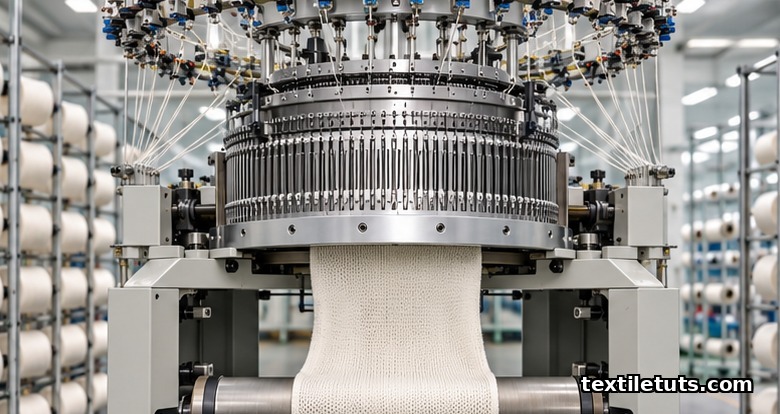 Industrial circular knitting machine with rotating steel cylinder, yarn feeders above, and tubular knit fabric descending to take-down roller.