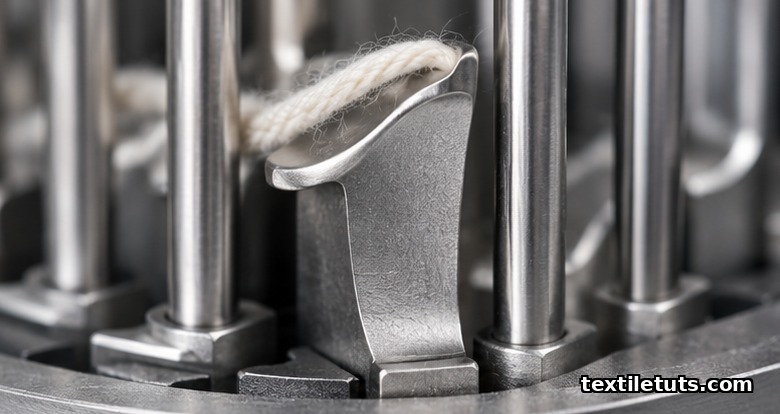 Hardened tool-steel sinker blade showing the curved belly, nib face, and foot that holds yarn loops