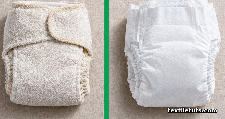 Flat-lay comparison of a reusable cloth diaper and a disposable diaper side by side, highlighting textile and material differences.