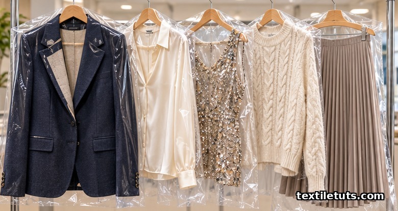 Wool blazer, silk blouse, beaded top, cashmere sweater and pleated skirt hanging on a rail for dry cleaning