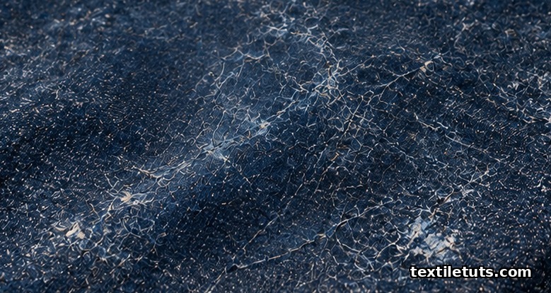 Macro view of coated denim showing fine craquelure cracks, whitened stress marks, and worn-through patches on the indigo surface.