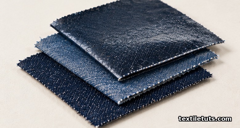Three stacked denim swatches comparing untreated, light wax, and wax-resin hybrid finishes with visible sheen differences.