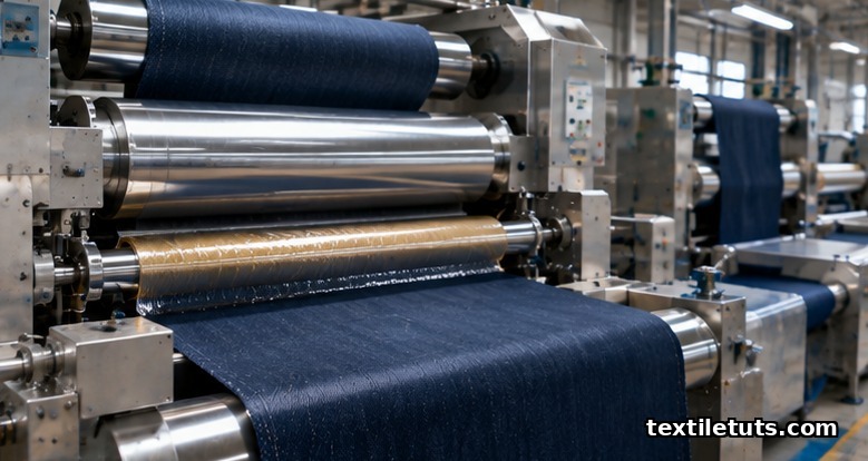 Industrial denim coating line with heated chrome rollers applying molten paraffin wax to indigo denim fabric.