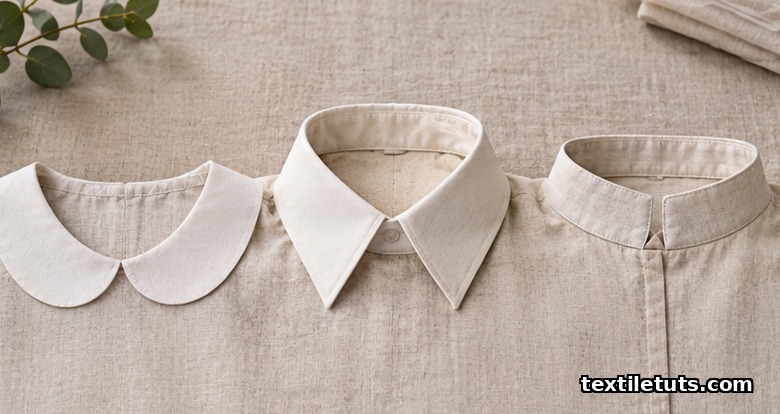 Three shirt collar types — Peter Pan flat collar, pointed dress shirt stand collar, and squared mandarin collar — laid out on linen for comparison.