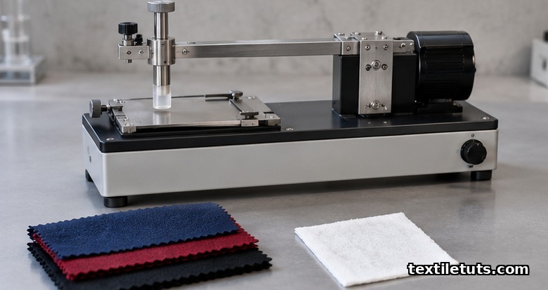 Crockmeter rubbing fastness tester on a lab bench beside bleached crocking cloth and dark textile swatches.