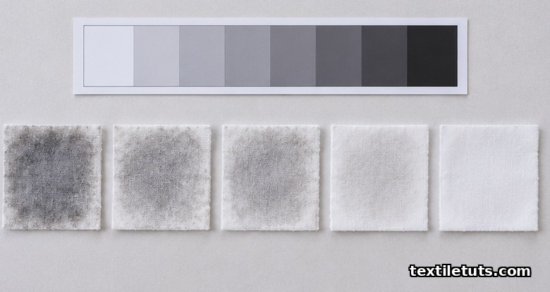 Five stained white crocking cloths in a row beside a nine-step grey scale for staining reference card.