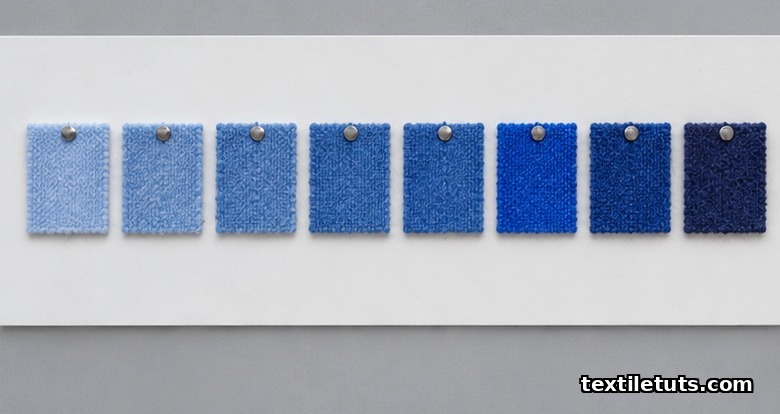 Eight progressively deeper blue wool reference swatches arranged in a row on a white grading card.