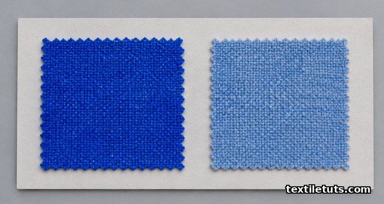 Side-by-side textile swatches comparing vivid royal blue to faded pale blue, illustrating dye color loss under xenon arc exposure.