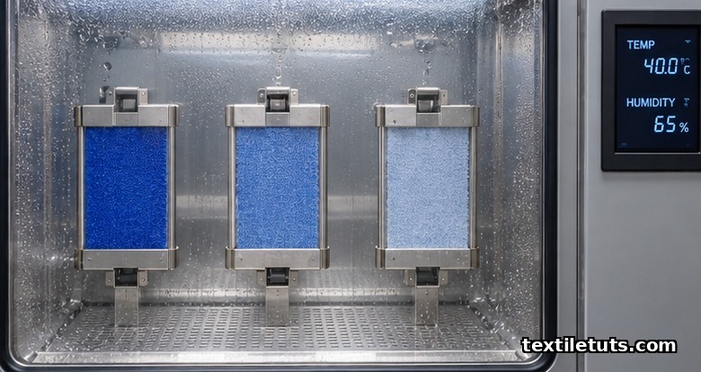 Three textile specimens at different fading stages mounted in a humidity-controlled xenon exposure chamber.