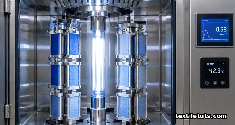 Interior view of a xenon arc accelerated-aging test chamber with rotating specimen carousel and radiometer readout.