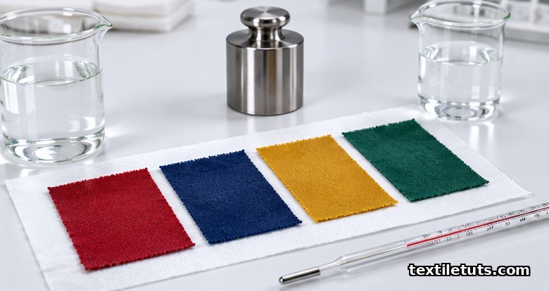 Dyed textile swatches in deep red, navy, ochre, and green on a white lab bench beside beakers and a thermometer for ISO 105-E04 testing.