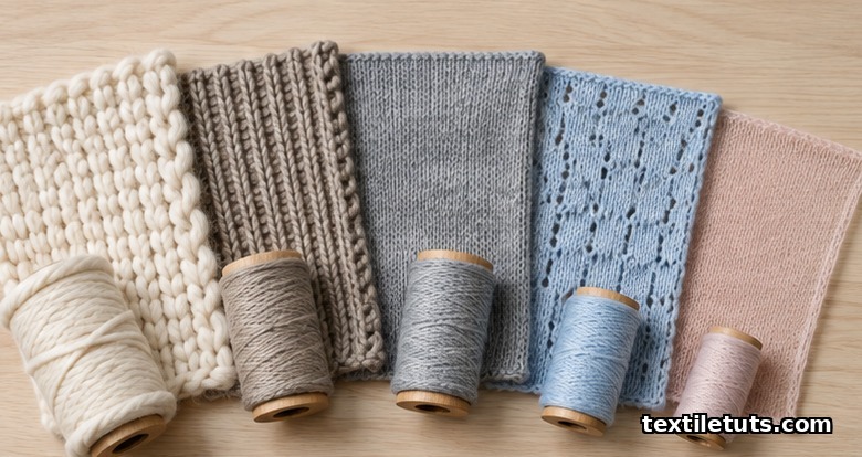 Flat-lay of five knitted swatches from chunky blanket knit to fine hosiery, each beside a matching yarn spool.