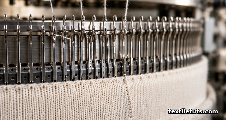 Macro view of a circular knitting machine needle bed with bent needles causing a needle line defect in cotton single-jersey fabric.