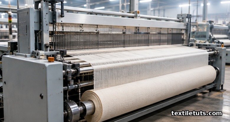 Industrial weaving loom running undyed cotton warp threads in a textile mill with woven cloth winding on the take-up beam.