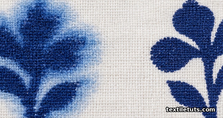 Macro view of deep navy reactive print bleeding into white cotton ground next to a clean unbleeded comparison print.