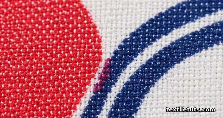 Extreme macro close-up of red and navy screen prints offset on cotton, showing a thin white misregistration gap.