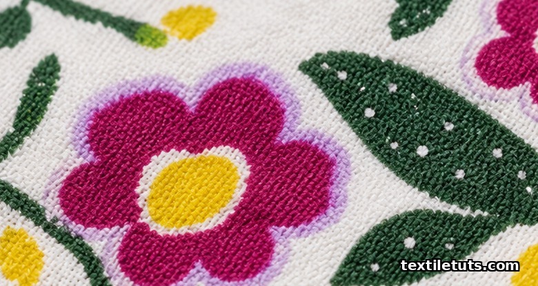 Top-down view of printed cotton fabric showing misregistration, pin holes, and color bleeding defects side by side.