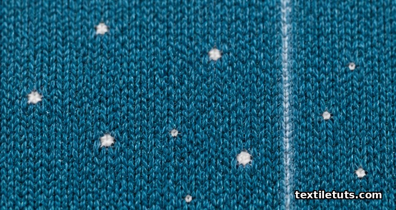 Macro close-up of teal-blue printed knit fabric with scattered white pinhole defects and a thin parallel streak.
