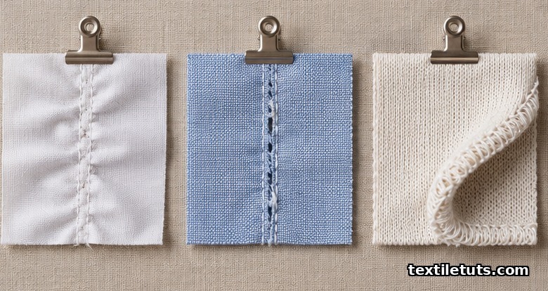 Three fabric swatches showing seam pucker, slippage, and edge curling as common apparel construction defects.