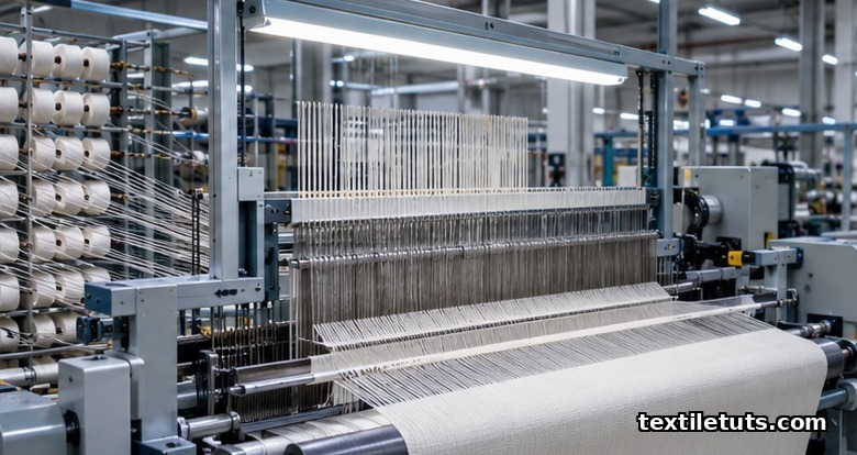 Modern air-jet weaving loom in operation, with warp yarns feeding from a creel through heddles and reed during weft insertion.
