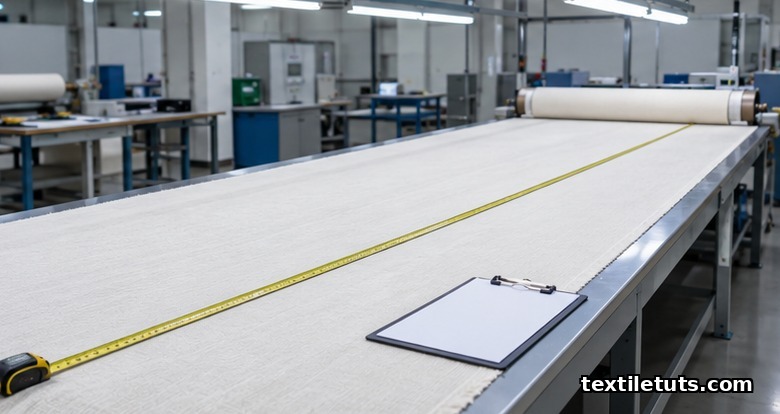 Long fabric inspection table in a textile mill with cotton fabric laid flat for ASTM D5430 grading and 100-yard measurement.