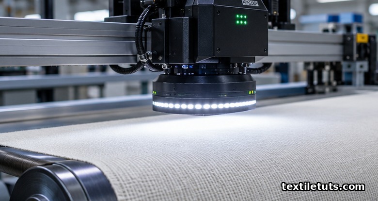 Automated optical fabric inspection camera mounted above a moving fabric web on a loom take-up roller for in-process defect monitoring.