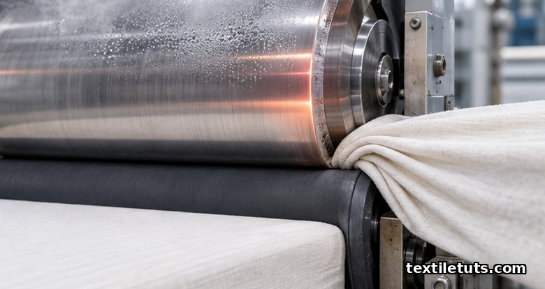 Close-up of a knit compactor machine showing a heated chrome cylinder and dark rubber blanket compressing looped fabric at the entry nip.