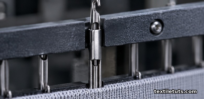 Macro view of a compound needle on a warp knitting machine showing the hollow stem and axially sliding closing element mid-stroke.