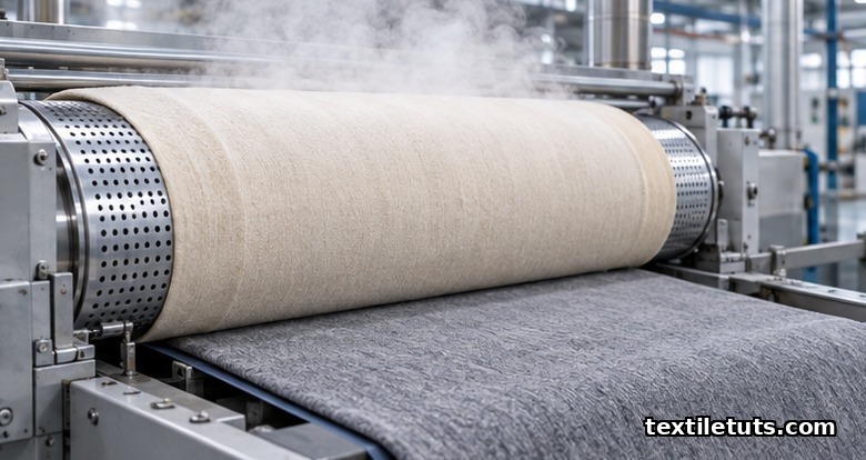 Continuous decating machine with a perforated cylinder wrapped in cotton decating cloth venting saturated steam over a heathered wool-blend knit fabric.