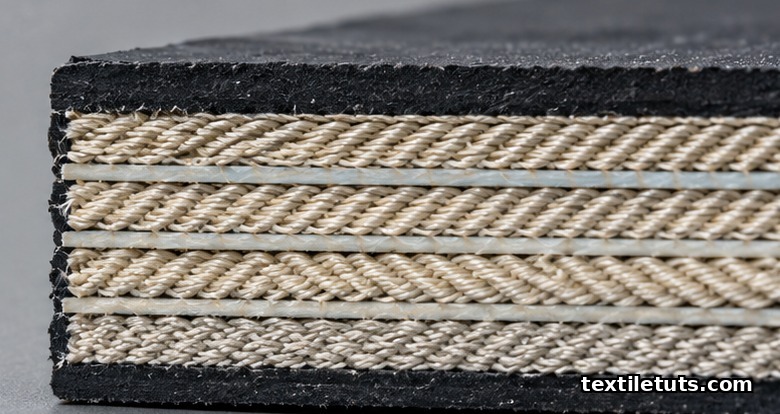 Magnified cross-section of a four-ply conveyor belt carcass showing twill-woven fabric plies laminated with rubber skim between rubber covers.