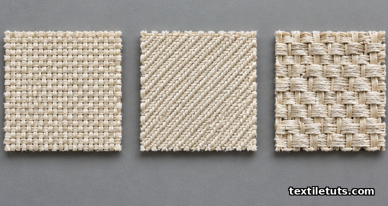 Three off-white fabric swatches comparing plain weave, twill weave, and broken-twill multi-layer weave structures used in conveyor belt carcasses.