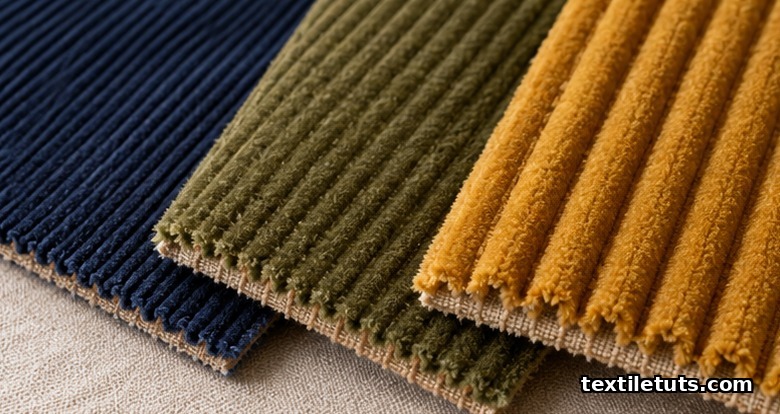 Macro view of narrow, standard and wide-wale corduroy swatches showing cut pile ridges on a woven base