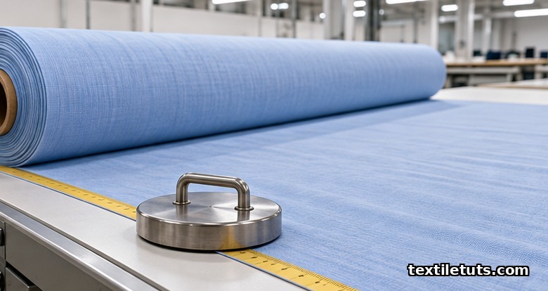 Bolt of light blue woven cotton shirting unrolled on a cutting table with a yellow measuring tape and a fabric weight scale.