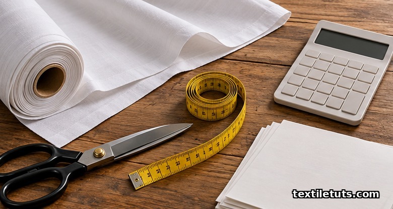Overhead flat-lay of garment costing essentials: cotton fabric roll, calculator, measuring tape, fabric shears, and blank worksheets on a wooden tabletop.