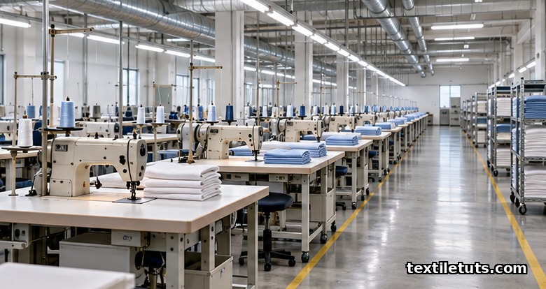Empty garment factory floor with a row of industrial lockstitch sewing machines and folded stacks of cotton fabric along the worktable.