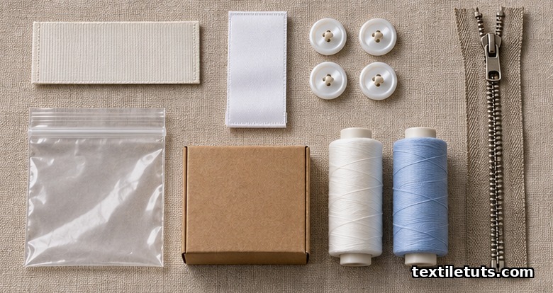 Flat-lay of garment trim components on linen: woven label, care label, buttons, metal zipper, polybag, carton, and sewing thread spools.