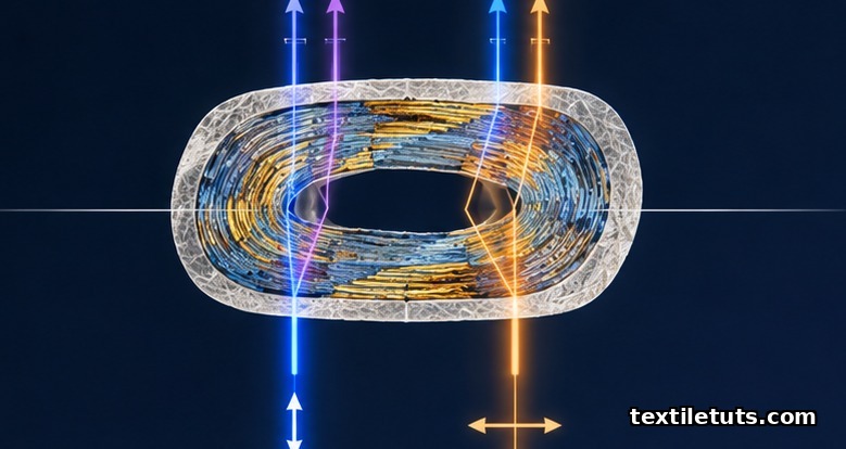 Cross-section diagram of cotton fiber showing birefringent cellulose wall splitting polarized light into two refractive indices.