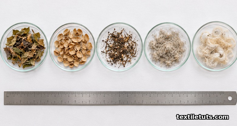 Magnified cotton trash samples sorted by category in glass petri dishes: leaf, seed coat, motes, dust, immature fibers.
