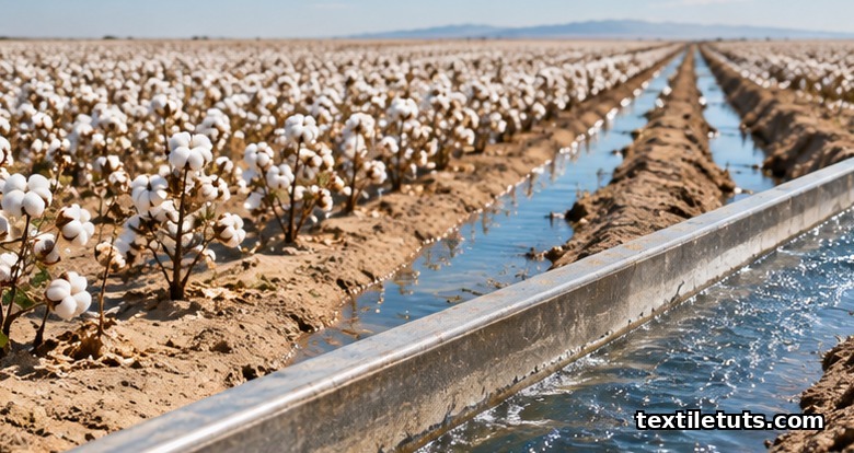 Arid cotton field with irrigation furrows carrying blue water between rows of white cotton bolls on dry plants.